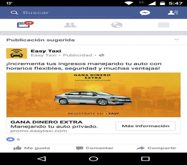 Aviso de Easy Taxi en Facebook solicitando autos particulares