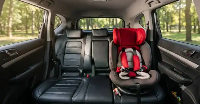 Sistema de retención infantil instalado en el asiento trasero de un auto