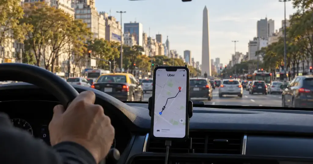 Celular con la aplicación de Uber abierta en el tablero de un auto, con el Obelisco de fondo